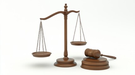 3D Illustration: Justice Scale & Gavel - White Background, Focused Lighting
