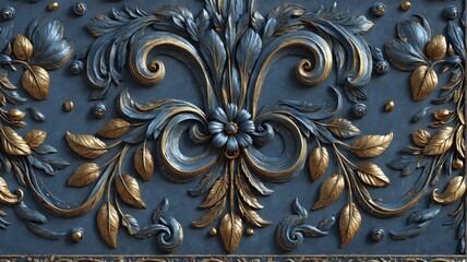 Close-up ornate design dark blue background made up Ornate gold