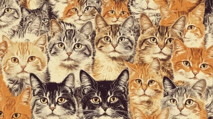 Seamless pattern multiple cats different colors sizes are Vintag