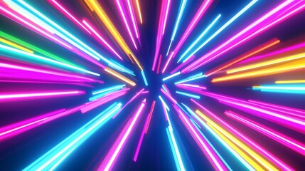 Obraz premium Abstract background with neon light beams forming a tunnel on a dark background. Perfect for any project needing a futuristic and vibrant illustration