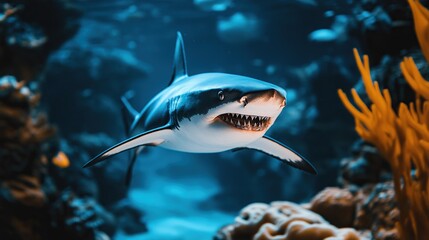 Fototapeta premium A great white shark with its mouth open, showing its sharp teeth, swims towards the camera in a clear blue water aquarium.