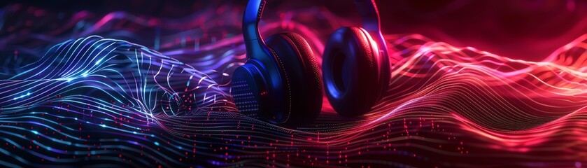 Vibrant headphones with colorful sound waves create an immersive audio experience. Perfect for music lovers and audio enthusiasts.