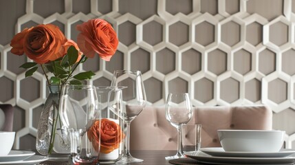 A modern dining room with bold embossed wallpaper in a geometric honeycomb design highlighted in shades of grey and white.