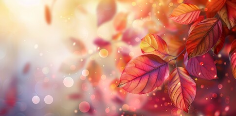 Sunlight shining onto colorful brown, orange and yellow autumn leaves in the forest. Beautiful, light seasonal fall background with blurred bokeh background effect.