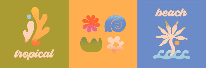 Vector abstract summer beach,surf club emblems.Hand drawn seashell,coral,sun,ocean waves with palm.Modern graphic in simple style for banners,smm,branding,covers,prints.Retro summer vacation aesthetic