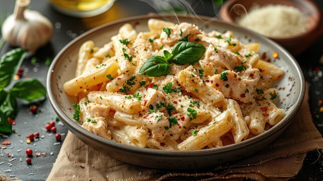 Chicken Alfredo penne, creamy pasta wich parmesan cheese in a white plate on a brown napkin. Directly above.