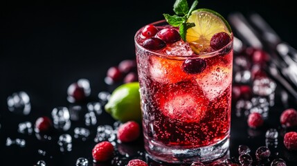 vodka, cranberry juice, soda, lime, berries, ice, bar utensils, black background, selective focus, alcoholic drink raspberry aspirations