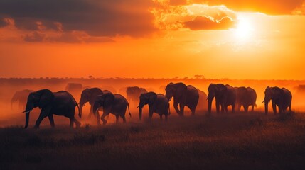 Fototapeta premium African Elephant Herd Sunset
