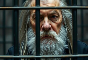 elderly man with beard and big hair behind bars