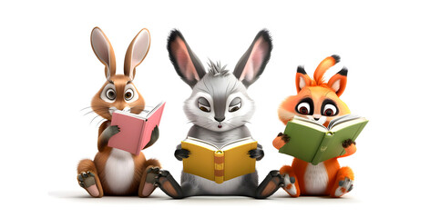 Fototapeta premium Adorable cartoon animals including a rabbit squirrel and fox sitting together and intently reading storybooks in a tranquil woodland setting Depicting the joy of learning curiosity