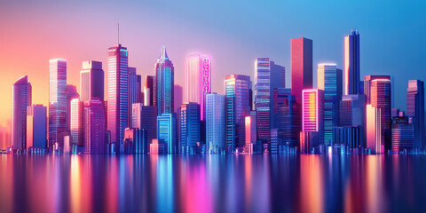 Neon Cityscape Landscape. A Digital 3d Metropolis with high-rise buildings and neon lights