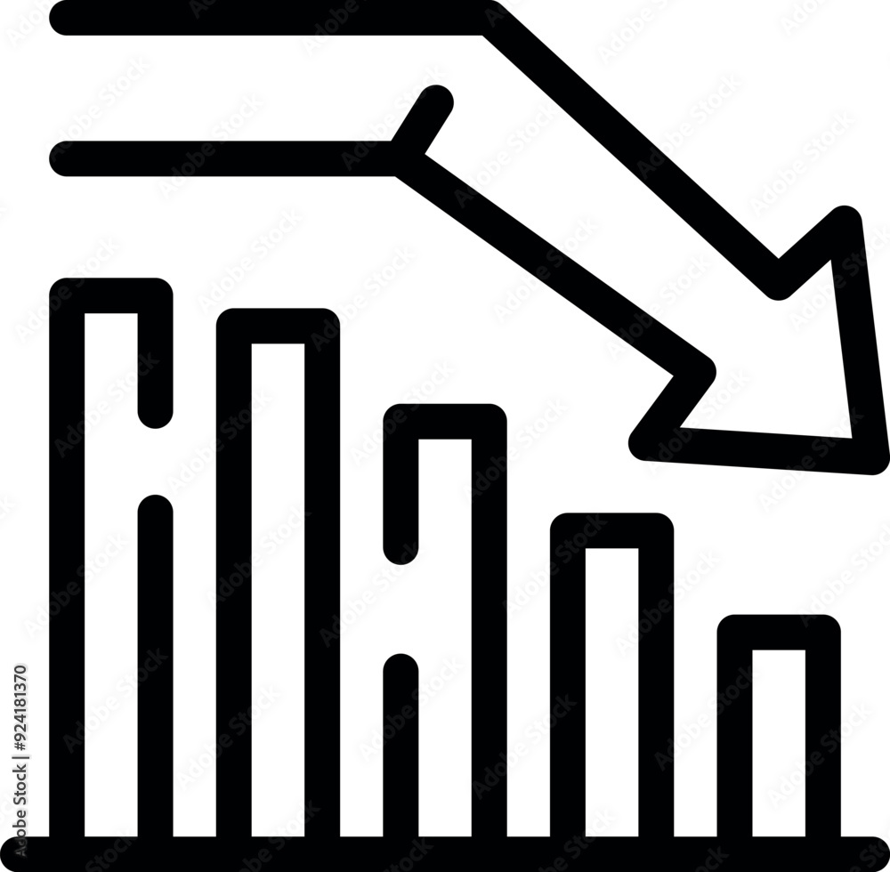 Poster simple vector icon representing a bar graph with a big arrow pointing down