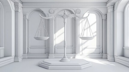Realistic 3D Model: Classic Courtroom Scale in White, Focused Lighting, 16:9 Aspect Ratio