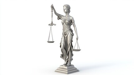 Lady Justice 3D Render: White Background, Focused Lighting, 16:9 Aspect Ratio