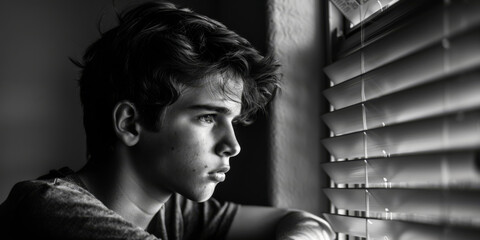 teenage boy gazing out of a window