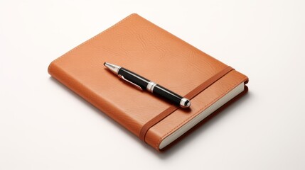 Classic Leatherbound Notebook and Fountain Pen: Minimalist White Background Photography