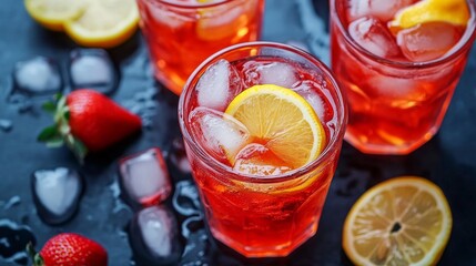 Vibrant, cool summertime beverages: chilled strawberry lemonade with ice cubes in glasses topped with thinly sliced fresh lemons