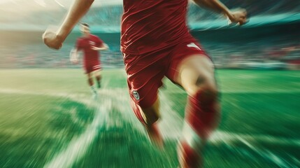 A close-up shows a soccer player's jersey clinging as they sprint, highlighting the game's intensity.