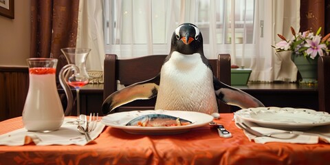 penguin in dining room, sitting at breakfast table, fish on plate