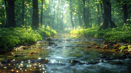 Sunbeams Through Forest Stream