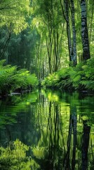Obraz premium Lush green plants and trees surround a tranquil river, reflecting the vibrant foliage under bright sunlight