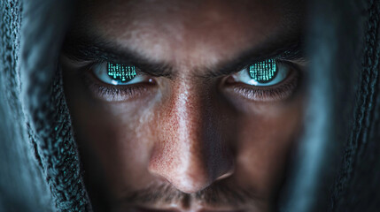 Cyber Security Concept - Hacker Studying Encrypted Code on Laptop with Copy Space for Information