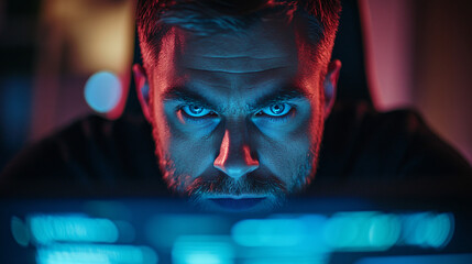 Cybersecurity Hacker Analyzing Code on Monitor with Copy Space for Text - Focus and Security Concept