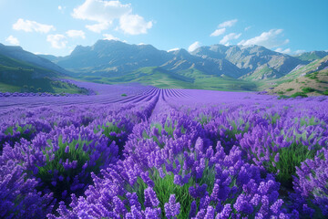 Beautiful lavender field landscape. Mountains in the background.