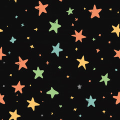 A seamless pattern with colorful stars of various sizes scattered across a black background. The stars are in pastel shades of orange, green, yellow, and blue, creating a lively, dynamic effect.