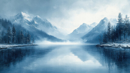 Fototapeta premium Illustration of majestic mountain landscape in winter. Mountains and trees reflected in the water surface.