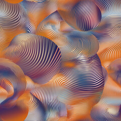 Abstract fluid shapes with a striped texture in orange, blue, and purple hues create a hypnotic, seamless pattern with an optical illusion effect.