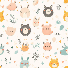 Obraz premium Adorable seamless pattern with tiny, round animals in pastel shades on a white background. The cute and simple design is ideal for baby products or playful themes.
