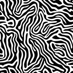 A bold black and white abstract pattern with flowing, irregular lines creating an organic, zebra-like appearance. The seamless design is perfect for tiling backgrounds or wallpaper.