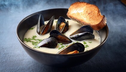 A bowl of steaming mussels rolling in a white sauce with herbs