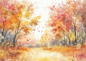 Fototapeta premium fall season landscape watercolor scene bright plant path way road morning vacation autumn maple tree bright sunlight picnic nature park outdoors background