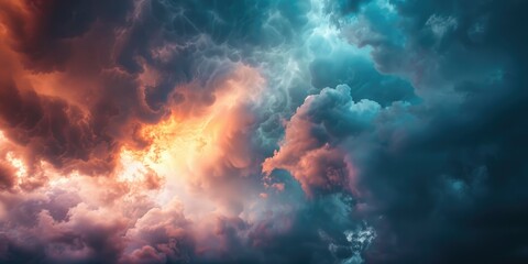 Fototapeta premium Awe inspiring pre storm sky displaying orange pink tones merging with ominous dark blue clouds Atmosphere setting before storm Empty area for text