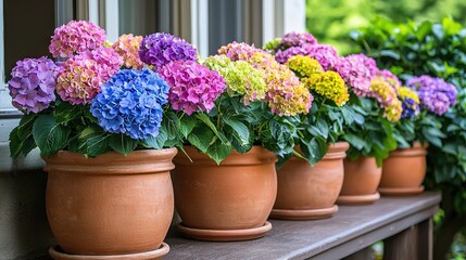 Fototapeta premium Purple, yellow, and green flower pots line window sill