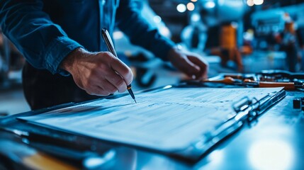 A close-up shot of an aviation inspector's hands checking the aircraft maintenance log, with tools visible on a nearby table