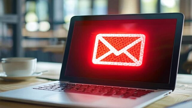 Laptop with red email folder icon on screen, concept of spam phishing or digital virus, cybersecurity motion video