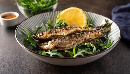 A bowl of grilled sardines drizzled with a lemon-thyme marinade and served on a bed of rocket