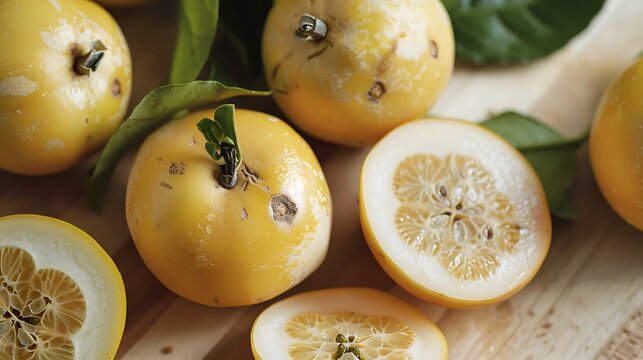 A vibrant display of several genip fruits, some halved to reveal their juicy white flesh, arranged on a light wooden surface with green leaves for contrast, showcasing their tropical and exotic appeal