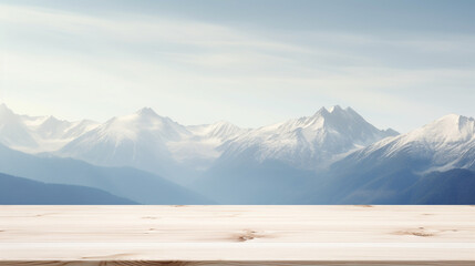 empty wooden table overlooking a scenic view of mountains 