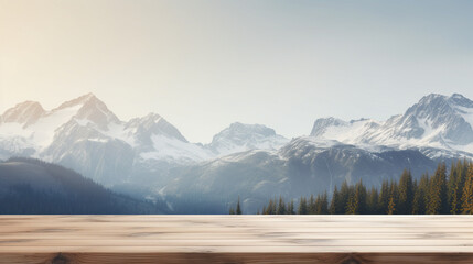 empty wooden table overlooking a scenic view of mountains 