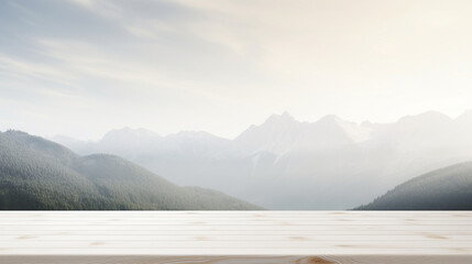 empty wooden table overlooking a scenic view of mountains 