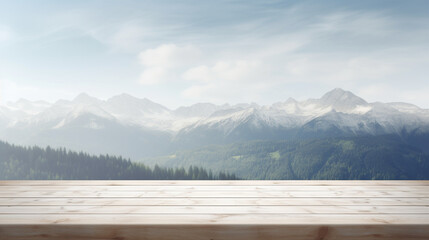 empty wooden table overlooking a scenic view of mountains 