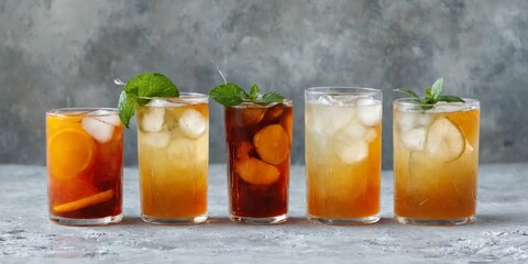 Four tall glasses different types drinks arranged row Different
