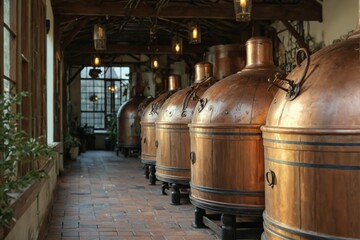 Row large copper pots tanks distillery distillery are Warmly lit