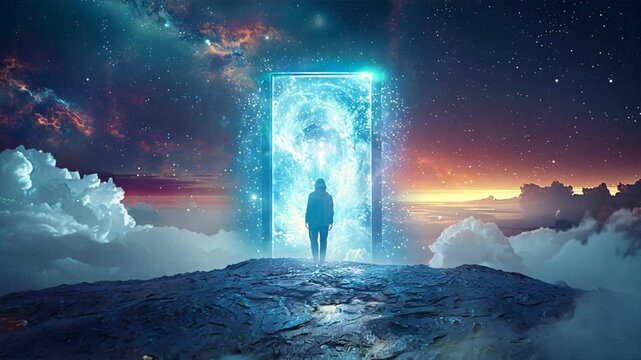 Personal walking through mystical door in space at night with clouds and starry sky, concept of progress and new beginning with spiritual or religous purpose