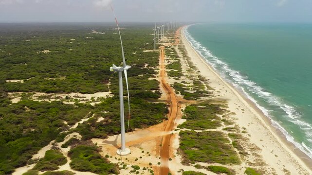 Wind turbines for electric power production on the seashore. Wind power plant. Ecological landscape. Mannar, Sri Lanka.