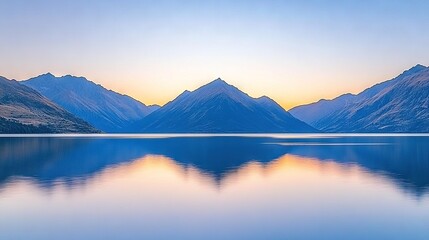   A serene lake with majestic mountains looming behind it, bathed in the golden light of sunset, dotted with fluffy clouds above